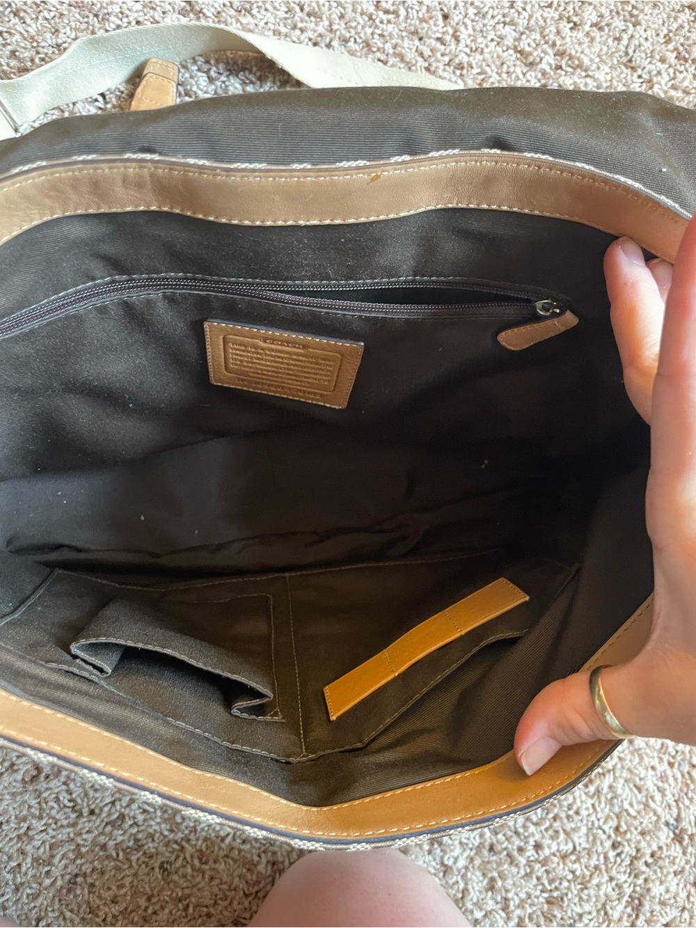 Coach Canvas Messenger Bag in Khaki and Tan with Stripe Detail - Picture 10 of 13